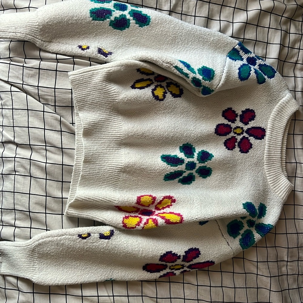 White W/ Colorful Flowers Sweaters